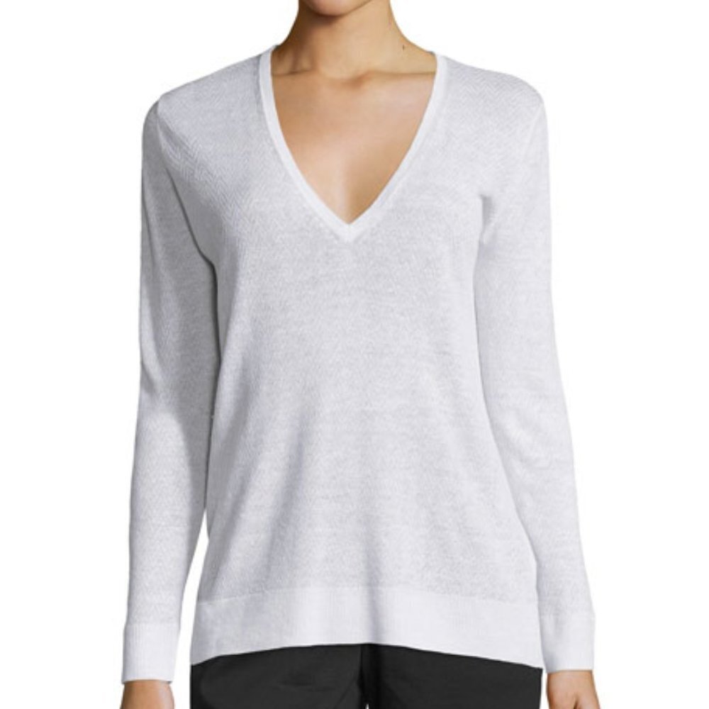 Theory Linen Blend Adrianna Sag Harbor Printed V-neck Knit Sweater White Size S